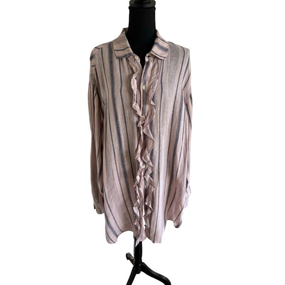 Free People - Ruffle Front Shirt - Extra Large (pink/denim stripe color) - Picture 5 of 15